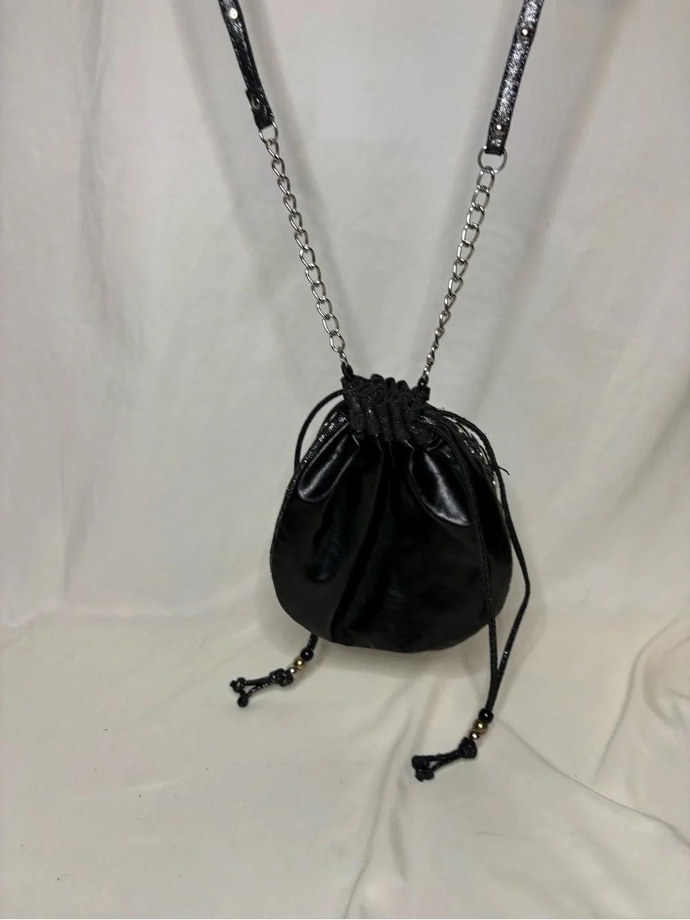 Candies Black and Silver Women's Drawstring Crossbody Bag Long Spaghetti Strap